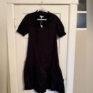 Free Assembly Dress black cotton belted pockets tiered smocked short sleeve